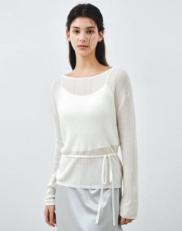 시스루 레이스업 니트 블라우스 화이트 MDBL009WHITE