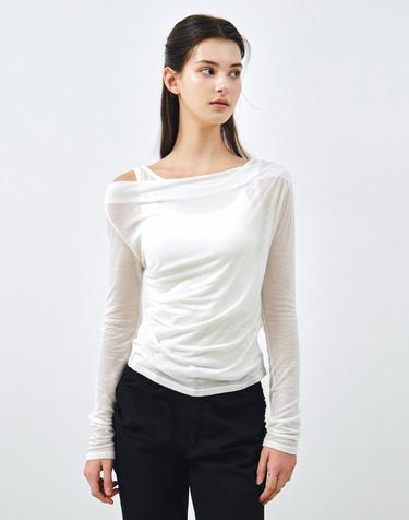 [SET] 원숄더 드레이핑 레이어드 티셔츠 화이트 MDTS088WHITE