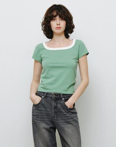 스퀘어넥 스트라이프 반팔 티셔츠 그린 MDTS098GREEN