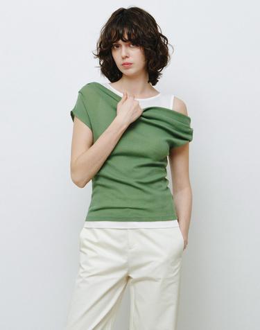 더블 레이어드 원숄더 티셔츠 그린 MDTS093GREEN