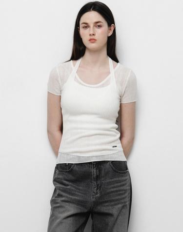 [SET] 골지 홀터넥 나시 & 반팔 니트 화이트 MDKT129WHITE