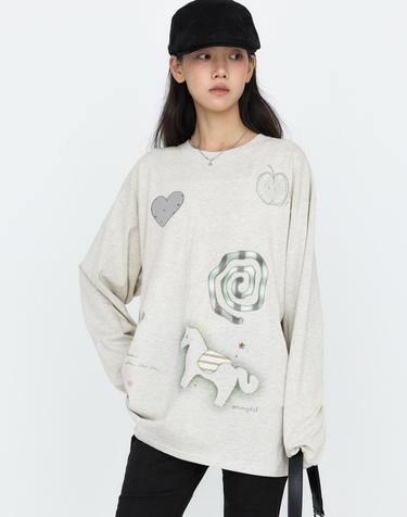 패치워크 그래픽 긴팔 티셔츠 오트밀 MDTS105OATMEAL