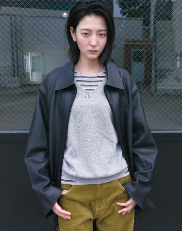[Premium] 램스킨 오버핏 하프 레더 자켓 블랙 MDJK050BLACK