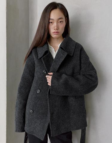 울 알파카 핸드메이드 벨티드 숏 코트 차콜 MDCT020CHARCOAL