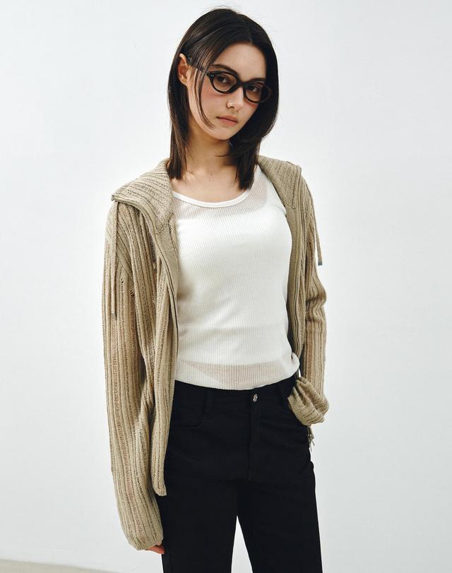 몽돌 시어 텍스처 니트 집업 가디건 베이지 MDCD055BEIGE 착용컷