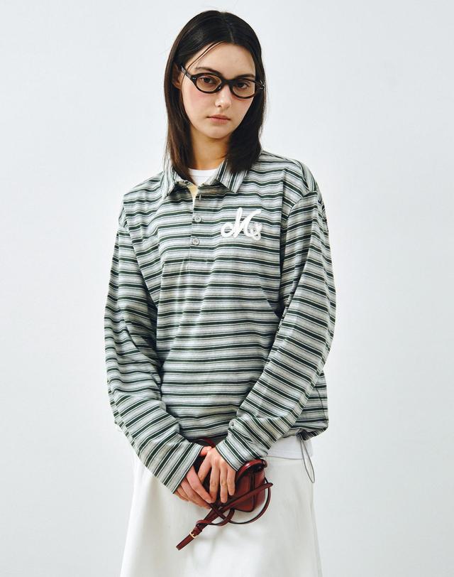 몽돌 스트라이프 카라 럭비 티셔츠 그레이 MDTS100GRAY 착용컷