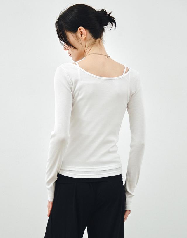 몽돌 [SET] 보트넥 레이어드 골지 티셔츠 화이트 MDTS087WHITE 착용컷