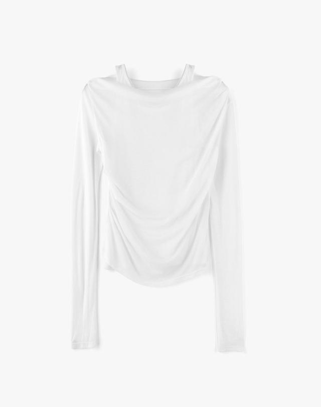 몽돌 [SET] 원숄더 드레이핑 레이어드 티셔츠 화이트 MDTS088WHITE 착용컷
