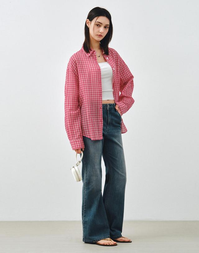 몽돌 체크 시어서커 오버핏 셔츠 레드 MDSH019CHECKRED 착용컷