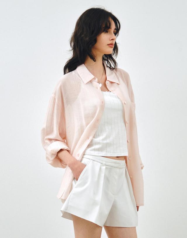 몽돌 텐셀 시스루 루즈핏 셔츠 라이트핑크 MDSH019LPINK 착용컷