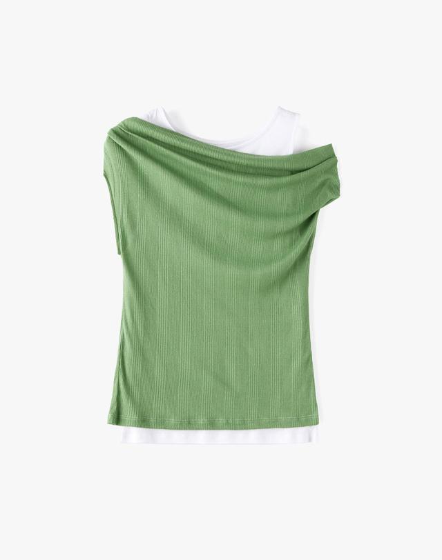 몽돌 더블 레이어드 원숄더 티셔츠 그린 MDTS093GREEN 착용컷