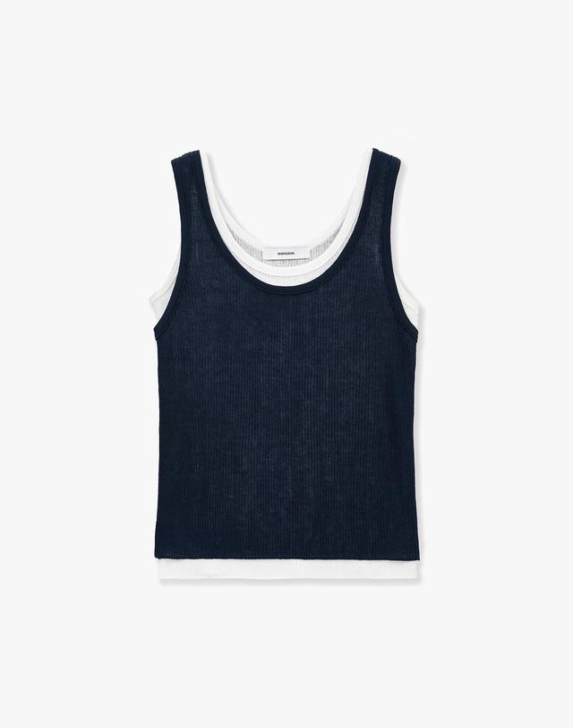 몽돌 [SET] 레이어드 골지 니트 슬리브리스 네이비 MDKT117NAVY 착용컷