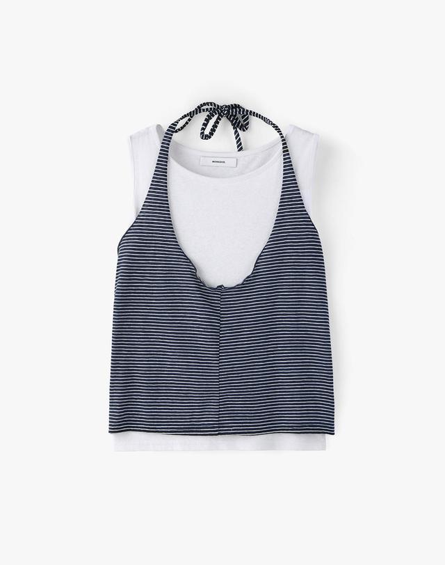 몽돌 [SET] 홀터넥 레이어드 슬리브리스 네이비 MDTS101NAVY 착용컷
