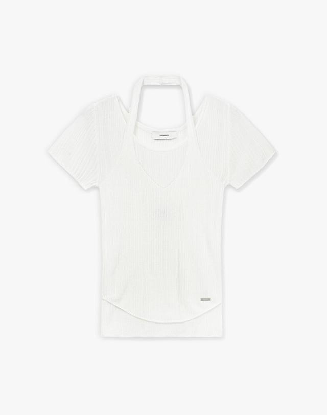 몽돌 [SET] 골지 홀터넥 나시 & 반팔 니트 화이트 MDKT129WHITE 착용컷