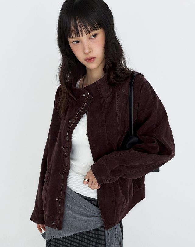 몽돌 [10/13 예약배송] 하이넥 워싱 레더 블루종 자켓 버건디 MDJK051BURGUNDY 착용컷