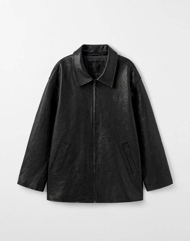 몽돌 [Premium] 램스킨 오버핏 하프 레더 자켓 블랙 MDJK050BLACK 착용컷