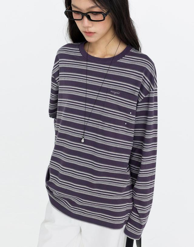 몽돌 스트라이프 오버핏 긴팔 티셔츠 퍼플 MDTS106PURPLE 착용컷
