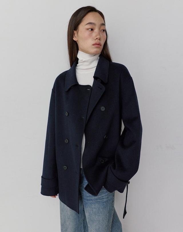 몽돌 울 캐시미어 핸드메이드 더블 하프 코트 네이비 MDCT019NAVY 착용컷