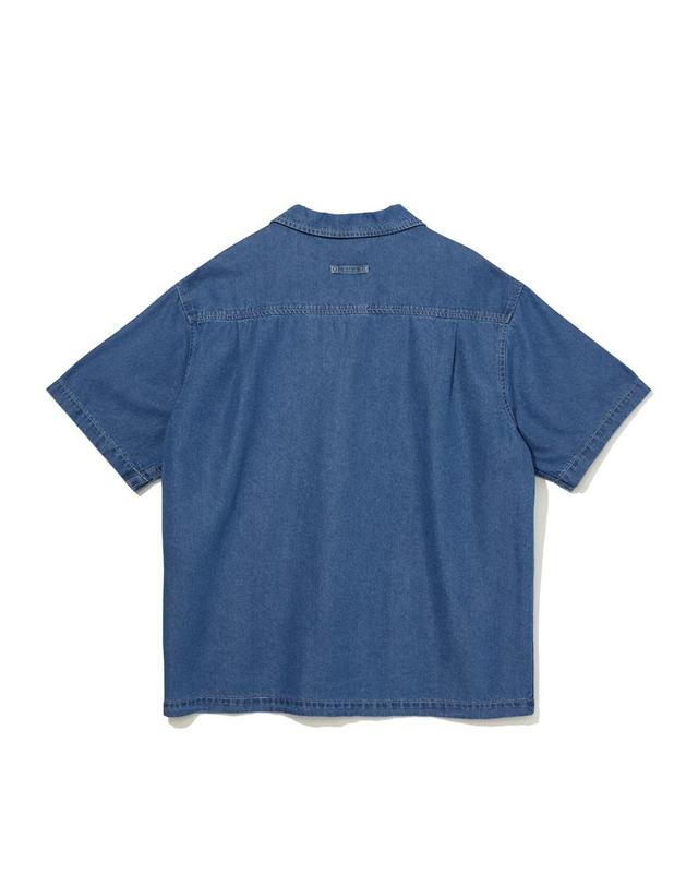 마크엠 워싱 데님 오픈 칼라 셔츠 네이비 (MIBAC5501) 착용컷