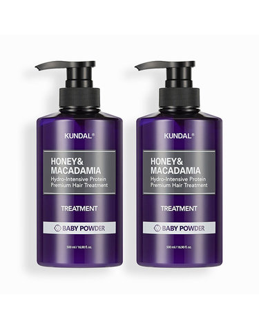 [30% 쿠폰+무료배송+사은품증정]쿤달 허니&마카다미아 단백질 트리트먼트 500ml 2개 베이비파우더