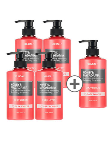 [30% 쿠폰+무료배송+사은품증정]허니&마카다미아 퓨어 바디로션 500ml 4+1 베이비파우더