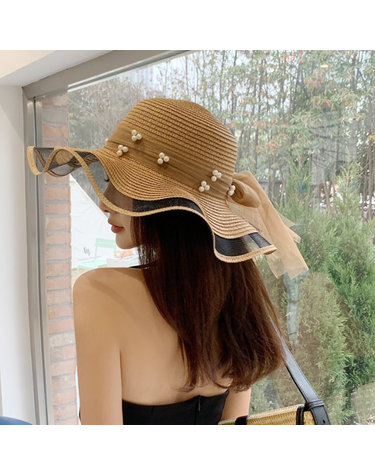진주 리본 비치모자(브라운) 바캉스 밀짚모자