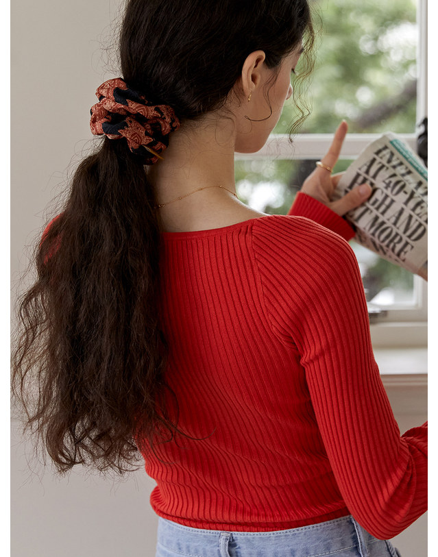 오블라 Red jacquard Scrunchie HS001 착용컷