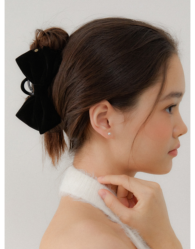 오블라 regular_double ribbon velvet hair clip_black HC031 착용컷