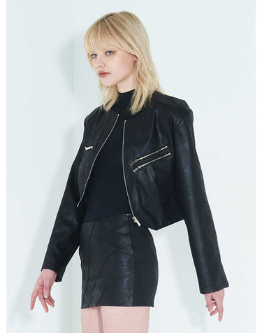 Faux-Leather Cropped Zip-Up Jacket _ Black