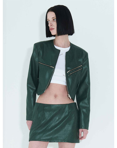 Faux-Leather Cropped Zip-Up Jacket _ Green