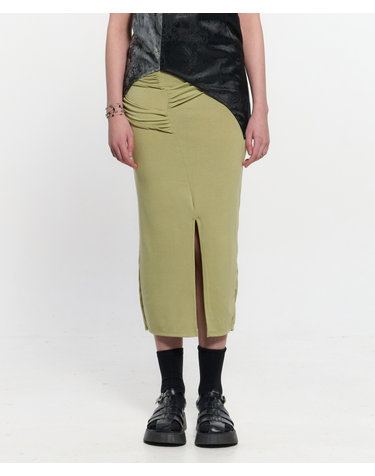 Shirring Layered Slit Skirt _ OLIVE GREEN