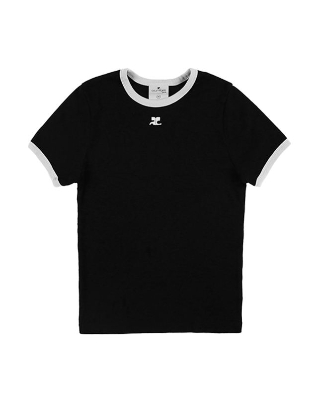 꾸레쥬 꾸레쥬 VESJTS017 JS0070 9901 로고 콘트라스트 링거 여성 반팔티 착용컷