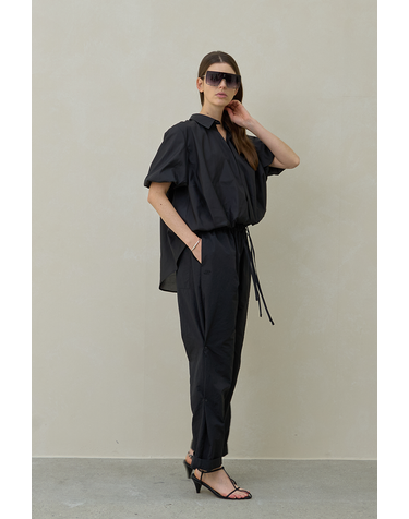 REODER)LINEN  SPORTY STRING PANTS BLACK