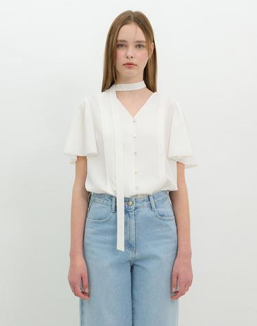브이넥 타이 반팔 블라우스 OW5MB5000