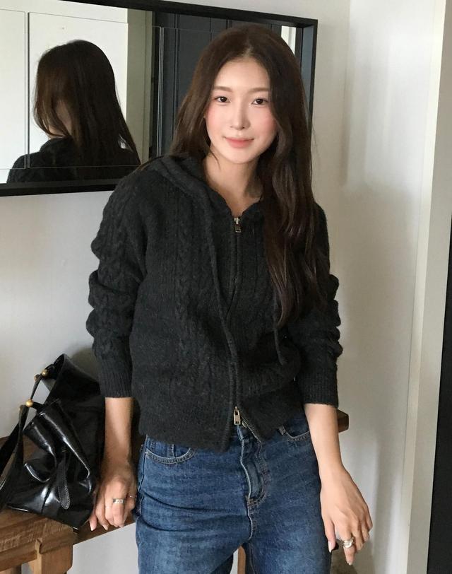 올리브데올리브 케이블조직 후드집업 가디건 OK5WDB230 착용컷