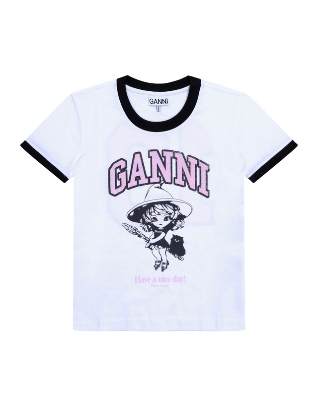 가니 GANNI T4156 151 마녀 로고 베이비 핏 콘트라스트 링거 여성 반팔티 착용컷
