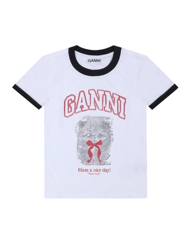 GANNI A1050030 151 키티 로고 베이비 핏 콘트라스트 링거 여성 반팔티