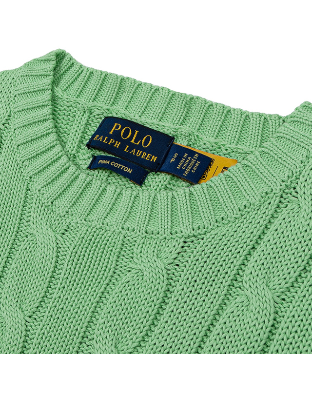 폴로 랄프로렌 [POLO RALPH LAUREN] 폴로 랄프로렌 여성 슬림핏 케이블 반팔 크루넥 포켓 니트 그린 착용컷