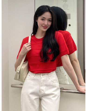 리앤 웨이브 반팔 니트 레드