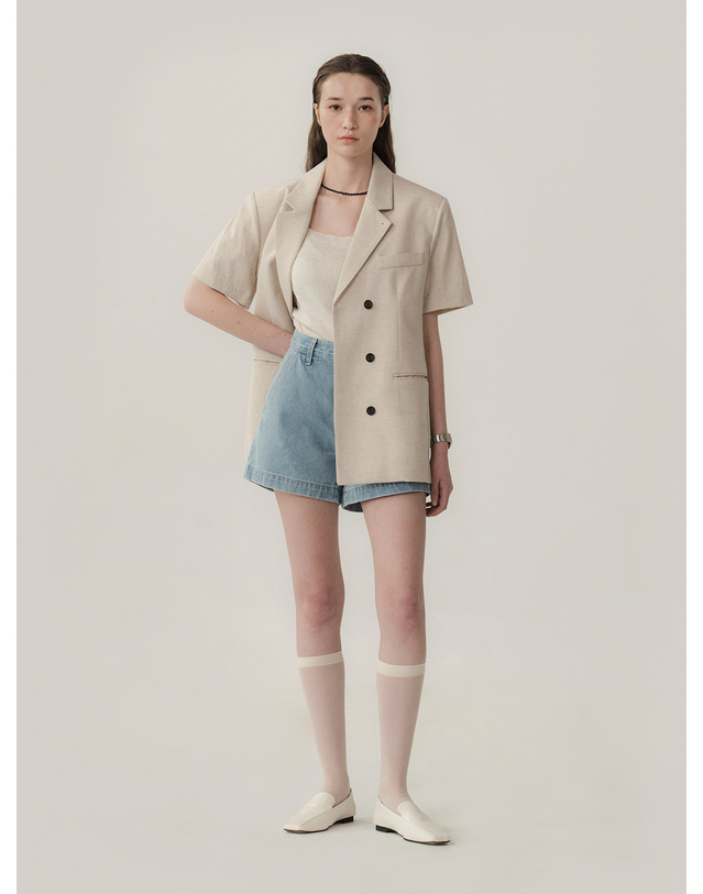 모멧 클래시 린넨 벨트 자켓 베이지 착용컷