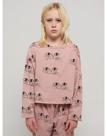 [BOBO CHOSES] 보보쇼즈 23FW 키즈 티셔츠 Smiling Cat cropped sweatshirt 223AC047 (기모)