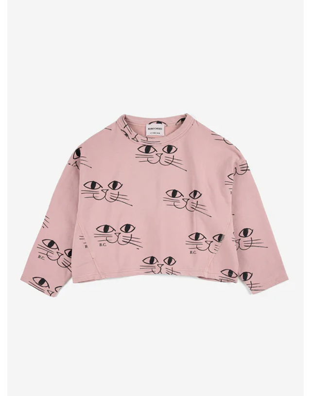 보보쇼즈 [BOBO CHOSES] 보보쇼즈 23FW 키즈 티셔츠 Smiling Cat cropped sweatshirt 223AC047 (기모) 착용컷