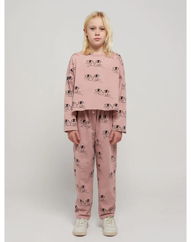 보보쇼즈 [BOBO CHOSES] 보보쇼즈 23FW 키즈 티셔츠 Smiling Cat cropped sweatshirt 223AC047 (기모) 착용컷