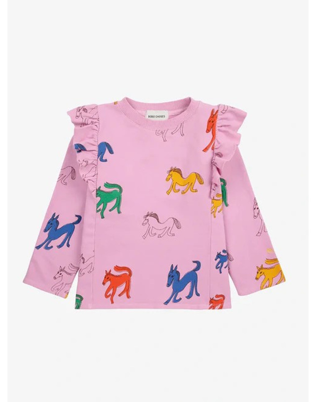 보보쇼즈 [BOBO CHOSES] 보보쇼즈 24FW 키즈 맨투맨 Wonder Horse all over ruffle sweatshirt B224AC053 착용컷