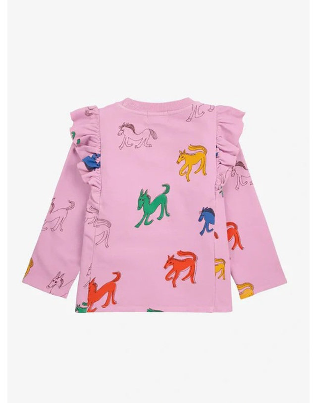 보보쇼즈 [BOBO CHOSES] 보보쇼즈 24FW 키즈 맨투맨 Wonder Horse all over ruffle sweatshirt B224AC053 착용컷