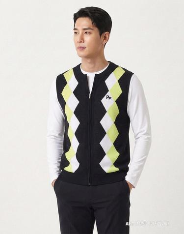 [팜스프링스] 남성 아가일 패턴 니트 집업베스트_SKVM222356