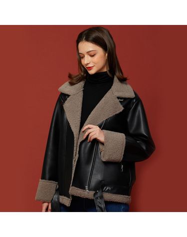 WOMEN 오버핏 무스탕 플리스 자켓 Black Khaki_Gray
