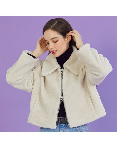 WOMEN 크롭 오버핏 덤블 투웨이 집업 퍼 무스탕 [커스터드] 양털  ver.