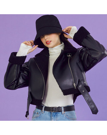 [벨트탈부착] WOMEN 크롭 오버핏 무스탕 플리스 자켓 All_Black [라이더 ver.]