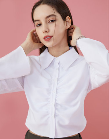 WOMEN 크롭 슬림 셔링 긴팔 셔츠 [WHITE] 부츠컷 블라우스 ver.